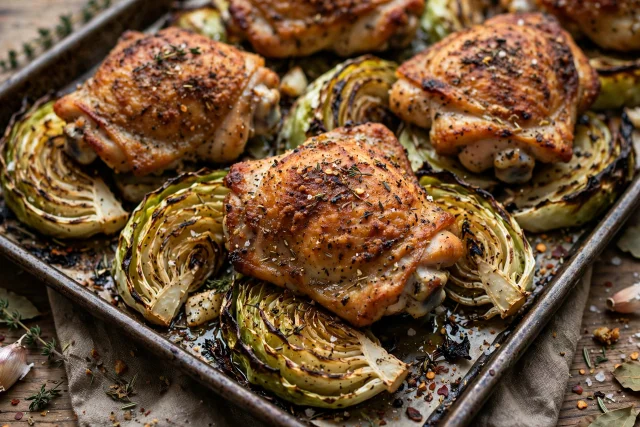 Baked chicken thighs dinner with cabbage