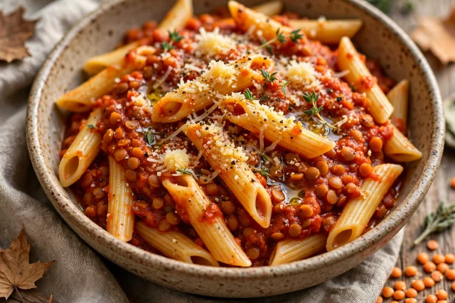 Tomato lentil pasta dinner with parmesan
