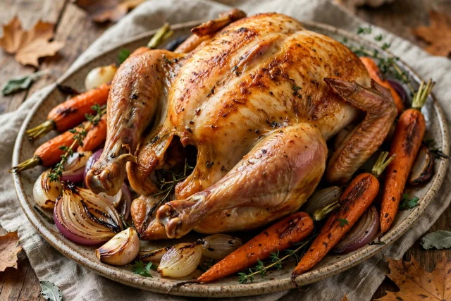 Whole roast chicken dinner with carrots