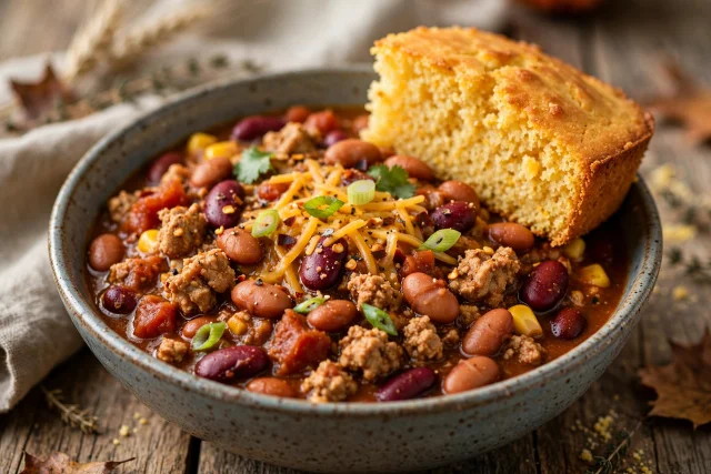 Turkey chili dinner with cornbread wedge