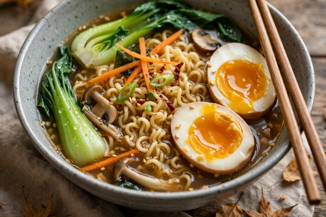 Vegetable ramen lunch with jammy egg