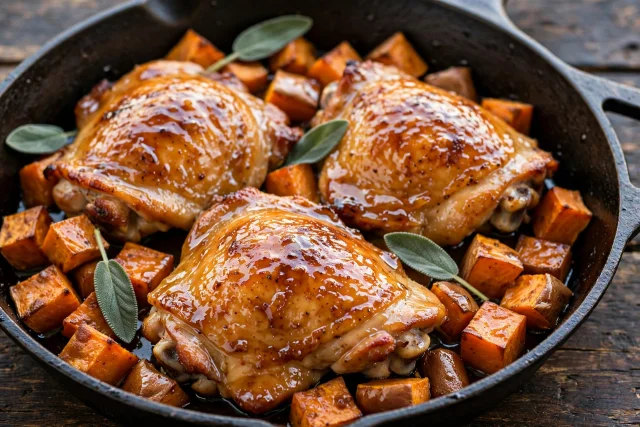 Apple cider glazed chicken thighs with sage in a cast iron skillet