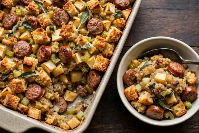 Apple sausage and stuffing bake with crispy golden top