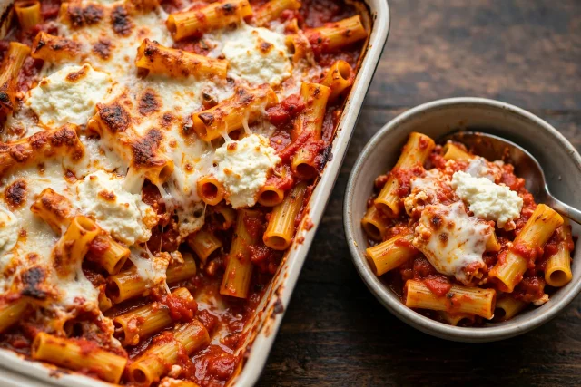 Baked ziti with ricotta and melted mozzarella in tomato sauce