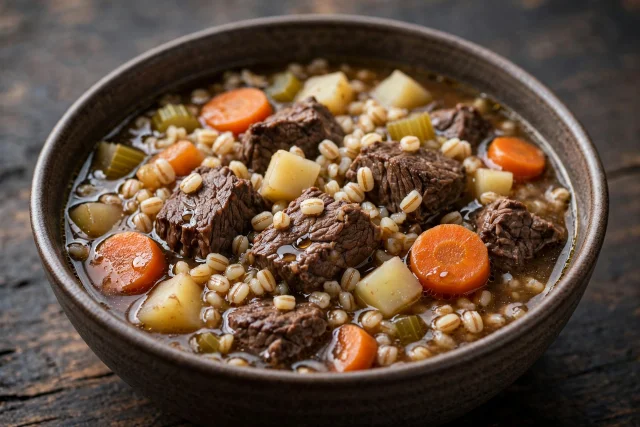 Beef and barley soup with tender beef and carrots