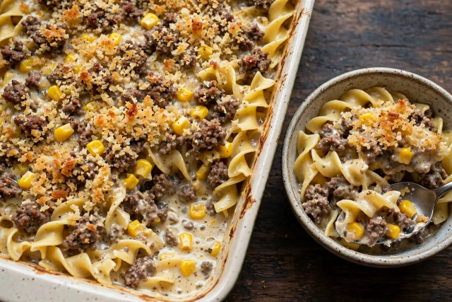 Beef and noodle hotdish with corn and breadcrumb topping