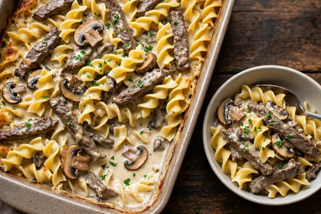 Beef stroganoff casserole with noodles mushrooms and parsley