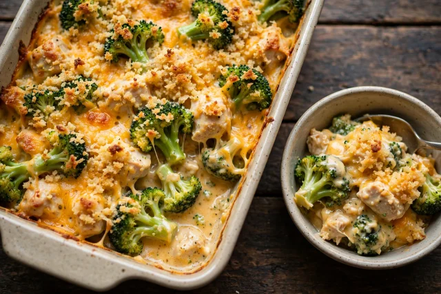 Broccoli cheddar chicken casserole with golden crumb topping