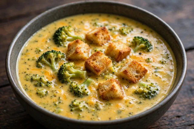 Broccoli cheddar soup with bright florets and croutons