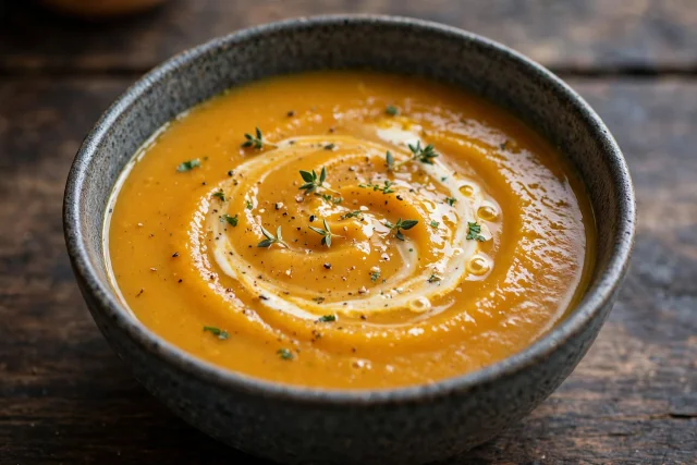 Silky butternut squash soup with cream swirl and thyme