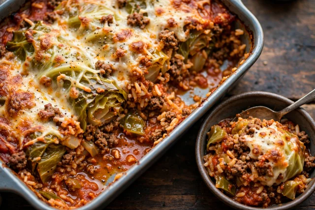 Cabbage roll casserole with beef rice and tomato sauce