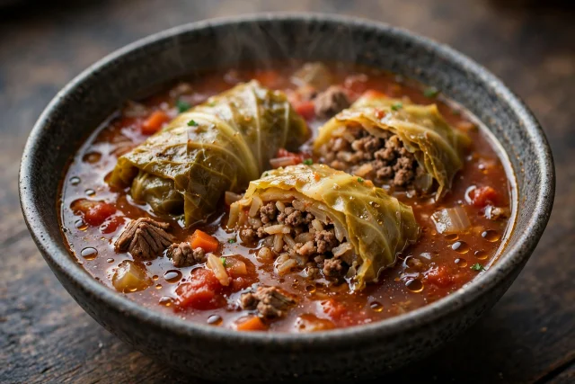 Cabbage roll soup with beef rice rolls in tomato broth