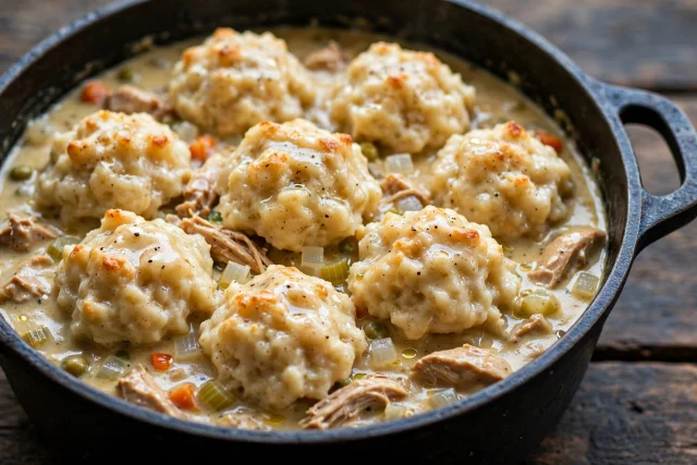 Chicken and dumplings with fluffy dumplings over creamy stew