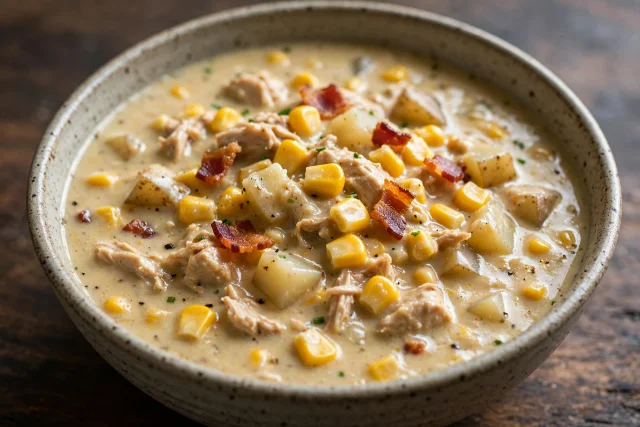 Chicken corn chowder with sweet corn and potatoes in a rustic bowl