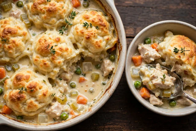 Chicken and dumpling casserole with fluffy golden dumplings