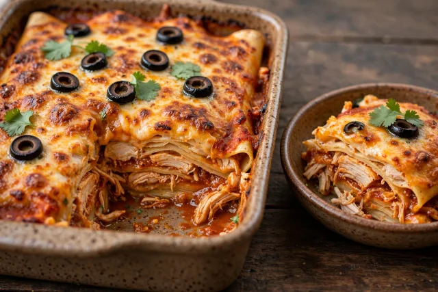 Chicken enchilada casserole with red sauce melted cheese and olives