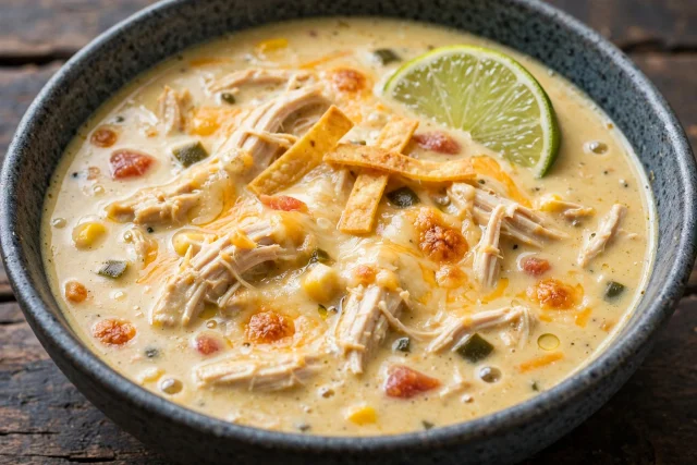 Chicken enchilada soup with cheese lime and tortilla strips