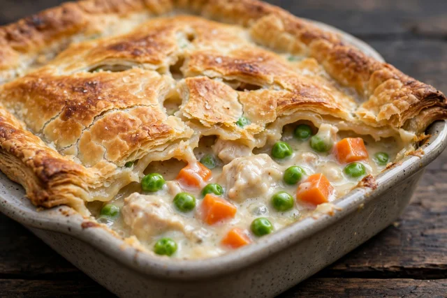 Golden chicken pot pie with flaky crust and creamy vegetable filling