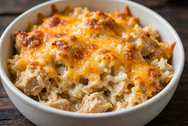 Cheesy chicken and rice casserole with golden cheddar crust in a bowl
