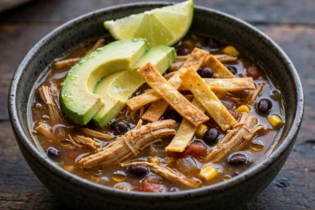 Chicken tortilla soup with avocado lime and crispy strips
