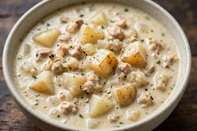 New England clam chowder with clams and potatoes