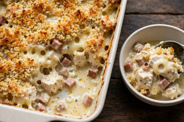 Chicken cordon bleu casserole with ham swiss and dijon sauce