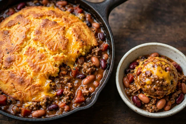 Cornbread chili pie with beef chili and golden crust
