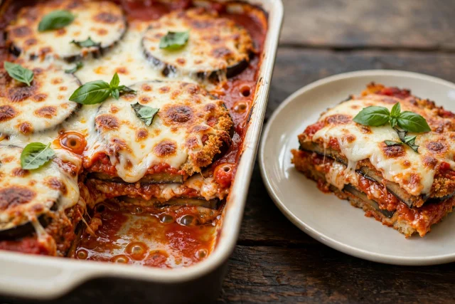 Eggplant parmesan casserole with marinara mozzarella and basil