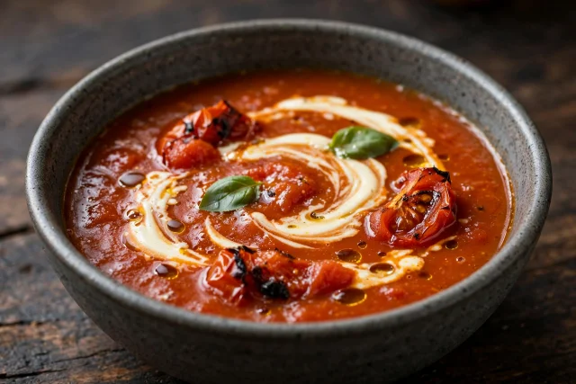 Fire roasted tomato soup with basil and cream drizzle