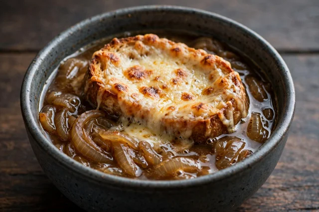 French onion soup with bubbling cheese crouton