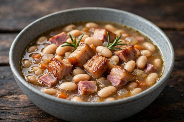 Ham and white bean soup with rosemary sprig