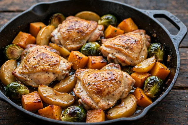 Harvest chicken skillet with squash, apples, and Brussels sprouts