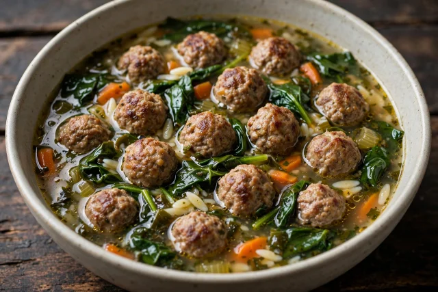 Italian wedding soup with mini meatballs and greens