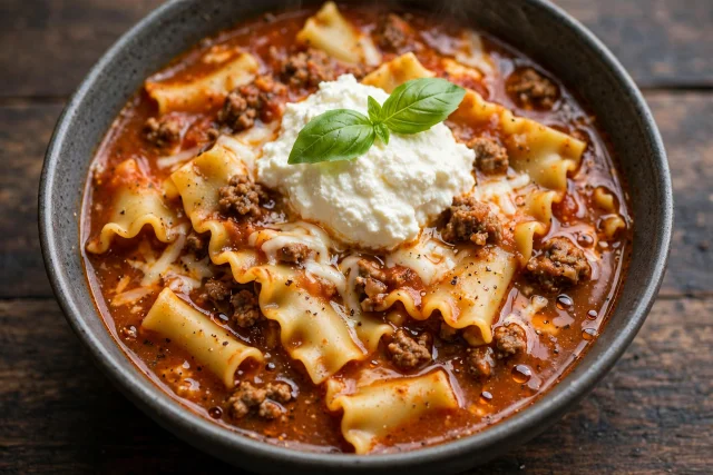 Lasagna soup with ruffled noodles and ricotta dollop