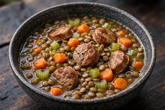 Lentil and sausage soup with browned sausage and celery