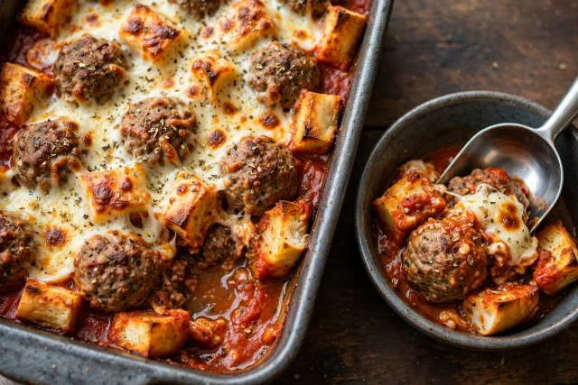 Meatball sub casserole with marinara mozzarella and oregano