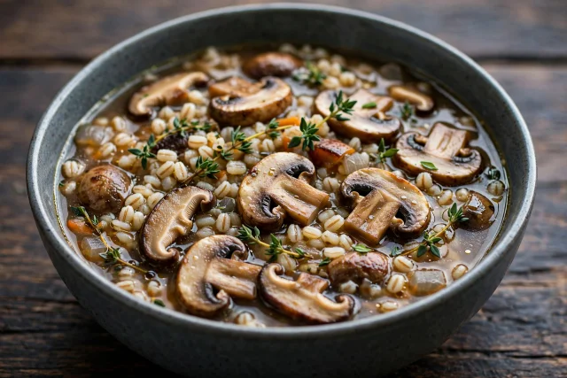 Mushroom barley soup with browned mushrooms and thyme