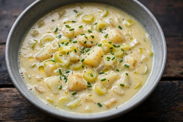Creamy potato leek soup with sliced leeks and chives