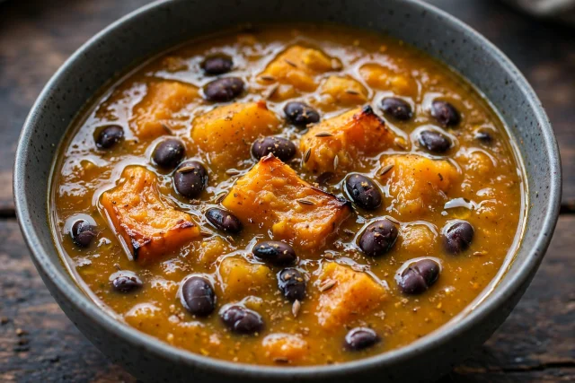 Pumpkin and black bean soup with roasted squash chunks