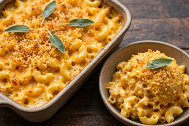 Pumpkin mac and cheese with breadcrumb topping and sage