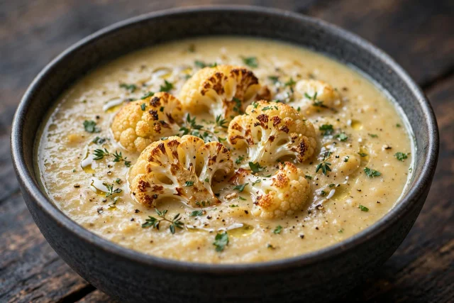 Roasted cauliflower soup with browned florets and herbs