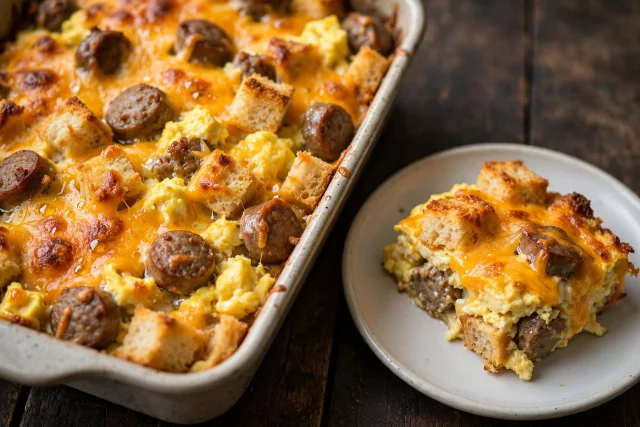 Sausage and egg breakfast casserole with melted cheddar