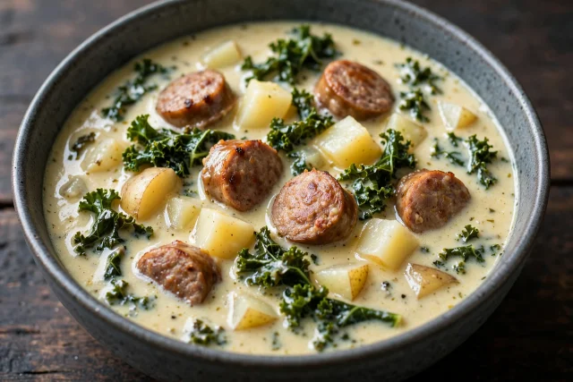 Sausage and kale soup with potatoes in creamy broth