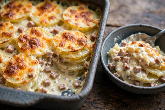 Scalloped potatoes with ham in creamy cheese sauce