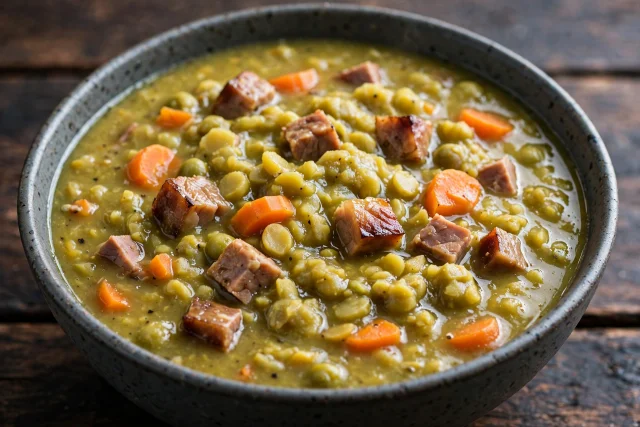 Split pea and ham soup with diced ham and carrots