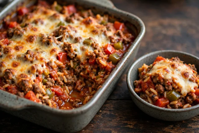 Stuffed pepper casserole with beef rice and melted cheese