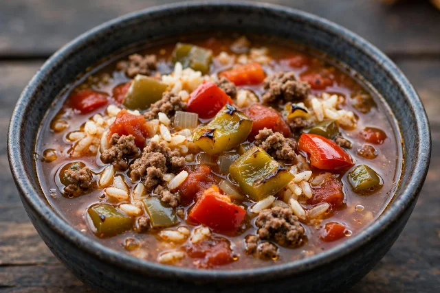 Stuffed pepper soup with beef peppers and rice