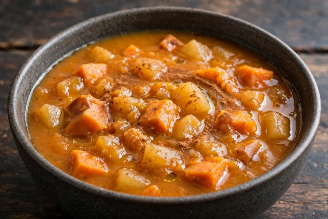 Sweet potato and apple soup with cinnamon dust