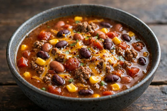 Taco soup with ground beef beans corn and cheese