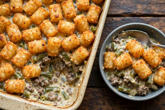 Tater tot hotdish with crispy golden tots over beef filling